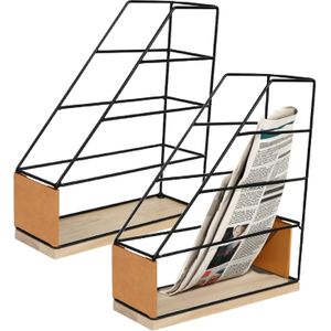 Lectuurbak/documenten opbergbak - 2x - zwart/beige - metaal/hout - L9 x B25 x H29 cm