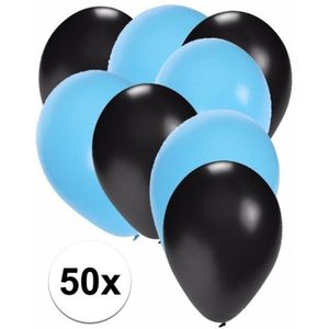 50x ballonnen - 27 cm - zwart  / lichtblauwe versiering