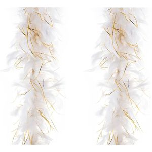 2x stuks carnaval verkleed veren Boa kleur wit met gouddraad 2 meter