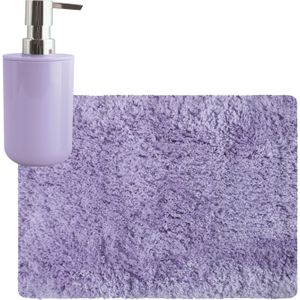 MSV badkamer droogloop tapijt/matje - Langharig - 50 x 70 cm - inclusief zeeppompje in dezelfde kleur - lila paars