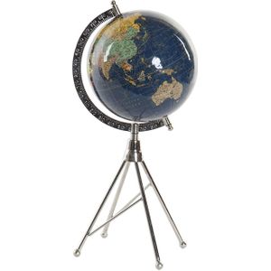 Decoratie wereldbol/globe donkerblauw op metalen voet 18 x 38 cm