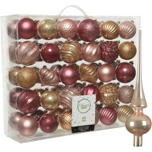 Kunststof kerstballen 60x stuks 6-7 cm met glazen glans piek roze en bruin