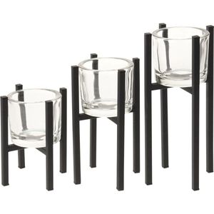 Kaarshouders - 3 stuks - glas - met zwart metalen standaard - waxinelichtjeshouders