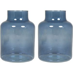 Bloemenvaas Milan - 2x - transparant blauw glas - D15 x H20 cm - melkbus vaas met smalle hals