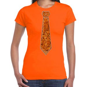 Verkleed t-shirt voor dames - stropdas oranje - pailletten - oranje - carnaval - foute party