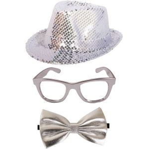 Carnaval verkleed set hoed-strikje-bril zilver glitters