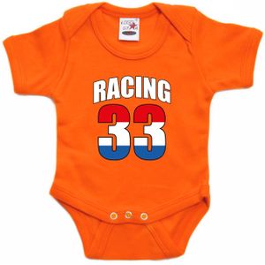 Oranje baby romper racing 33 met race auto coureur supporter / race supporter voor babys