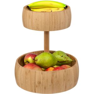 5Five Fruitschaal/fruitmand Bali XL - bamboe hout - D29 x H35 cm - bruin - 2 niveaus opslag