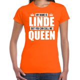 Naam cadeau t-shirt my name is Linde - but you can call me Queen oranje voor dames