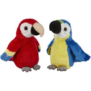 Ravensden - Papegaaien vogels pluche knuffels - 2x stuks - Blauwe en Rode - 15 cm