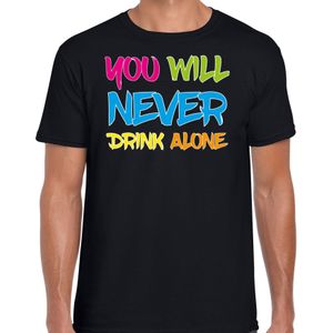 Foute party t-shirt voor heren - you will never drink alone - zwart - carnaval/themafeest