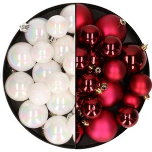Kerstversiering kunststof kerstballen mix donkerrood/parelmoer wit 4-6-8 cm pakket van 68x stuks