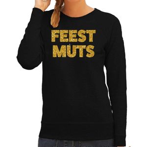 Foute kersttrui/sweater voor dames - feest muts - zwart - glitter goud - feestkleding