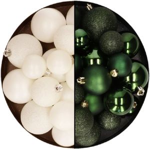 Kerstballen 60x stuks - mix donkergroen/wol wit - 4-5-6 cm - kunststof