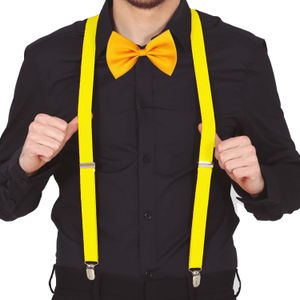 Carnaval verkleed bretels en strikje - neon geel - volwassenen - verkleed accessoires