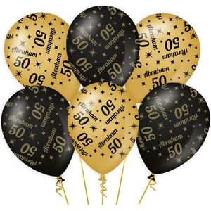 6x stuks luxe Abraham/50 jaar feest ballonnen - zwart/goud - latex - ca 30 cm