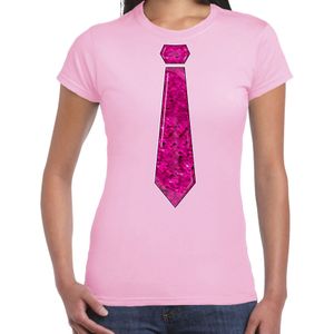 Verkleed t-shirt voor dames - stropdas roze - pailletten - licht roze - carnaval - foute party