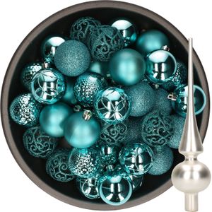 37x stuks kunststof kerstballen 6 cm turquoise incl. glazen piek mat zilver