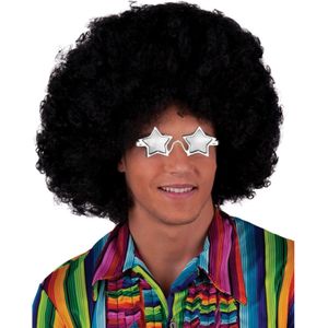 Carnaval verkleed afropruik - zwart - krullen - heren - Seventies/Disco thema - met ster zonnebril