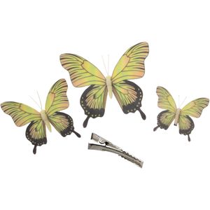 3x stuks Kerst decoratie vlinders op clip - geel - 12/16/20 cm