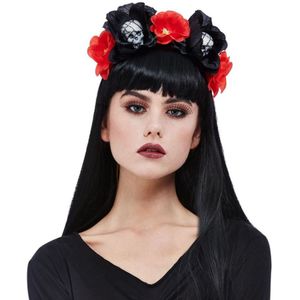 Horror haarband/diadeem day of the dead met doodshoofden zwart/rood