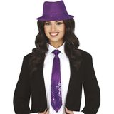 Carnaval verkleed stropdas en hoed - paars - pailletten - volwassenen - verkleed accessoires