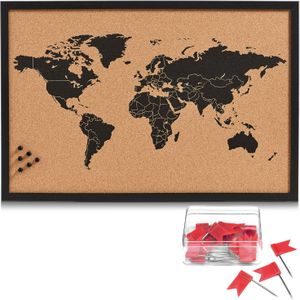 Prikbord wereldkaart met 20x punaise vlaggetjes rood - 60 x 40 cm - kurk