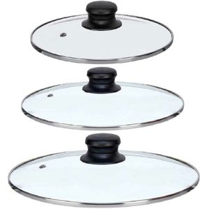 Universele pannendeksel set - 3x stuks - Dia 24/22/20 cm - glas - stoomgaatje