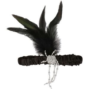 Charleston hoofdband - met pauwen veer en kraaltjes - zwart - dames - jaren 20 thema