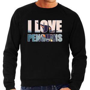 Tekst sweater I love penguins met dieren foto van een pinguin zwart voor heren