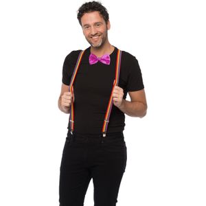 Carnaval verkleedset bretels en strik - regenboog - roze - volwassenen/unisex - feestkleding