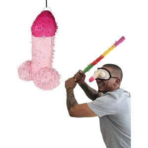 Piemel Pinata feestpakket met stok en piemel oogmasker - papier - 46 x 30 cm - vrijgezellenfeesten