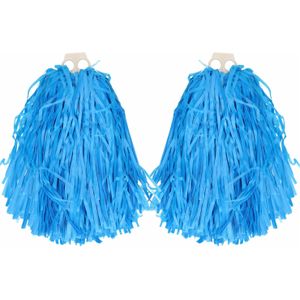 Cheerballs/pompoms - 2x - blauw - met franjes en ring handgreep - 28 cm