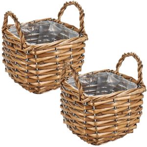 Set van 2x stuks bloempotten/plantenbakken riet/rotan mand met handvaten vierkant 15 x 15 x 14 cm