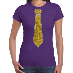 Verkleed t-shirt voor dames - stropdas glitter goud - paars - carnaval - foute party