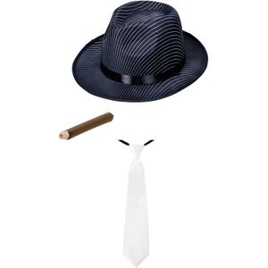 Gangster/Maffia/Capone verkleed set hoed - zwart - met witte stropdas en sigaar