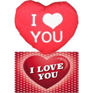 I Love You Set - Hartjes kussen met ansichtkaart - Rood - 20 cm