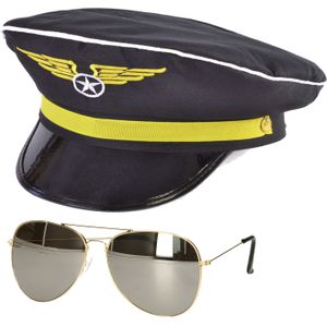 Carnaval verkleed piloten pet/hoed - zwart - voor volwassenen - one size - incl. bril