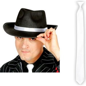 Carnaval verkleed set compleet - gangster/maffia hoedje met witte stropdas - volwassenen