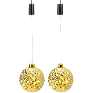 Verlichte kerstbal kunststof - 2x - goud - aan draad - D20 cm - led lampjes - warm wit