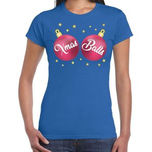 Fout kerst t-shirt blauw met roze Xmas balls voor dames