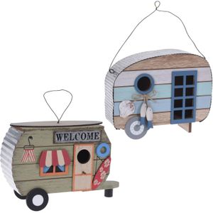 Set van 2x stuks houten vogel voeder huisjes voor pindas/vetbollen caravan blauw en groen