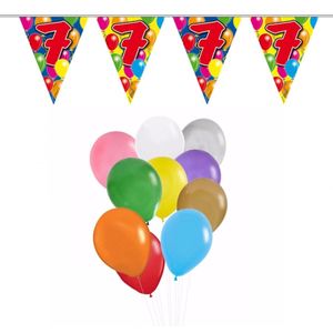 Verjaardag 7 jaar feest thema set 50x ballonnen en 2x leeftijd print vlaggenlijnen