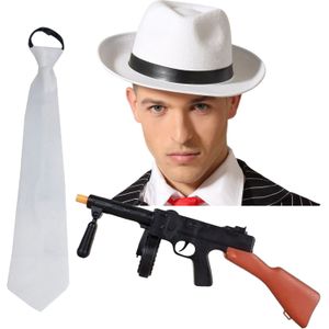 Gangster/maffia/roaring Twenties verkleed set - gleufhoed wit - stropdas en machinegeweer
