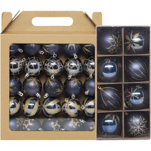 Kerstballen - 33x st - donkerblauw - met goud gedecoreerd - 6 en 8 cm - kunststof