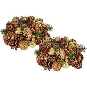 Set van 2x Stuks Kerst Thema Kaarsenhouders Ornament Bruin met Goud Nature 18 cm