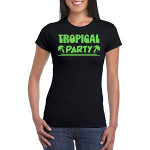 Tropical party T-shirt voor dames - met glitters - zwart/groen - carnaval/themafeest