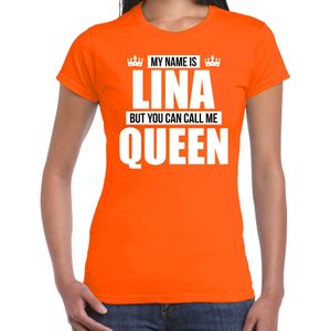 Naam cadeau t-shirt my name is Lina - but you can call me Queen oranje voor dames