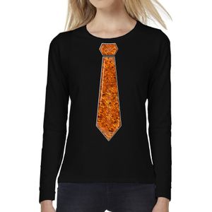 Verkleed shirt voor dames - stropdas pailletten oranje - zwart - carnaval - foute party - longsleeve