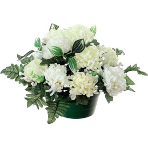 Louis Maes Kunstbloemen in pot - creme/wit - D30 x H24 cm - Bloemstuk ornament - crysanten met bladgroen